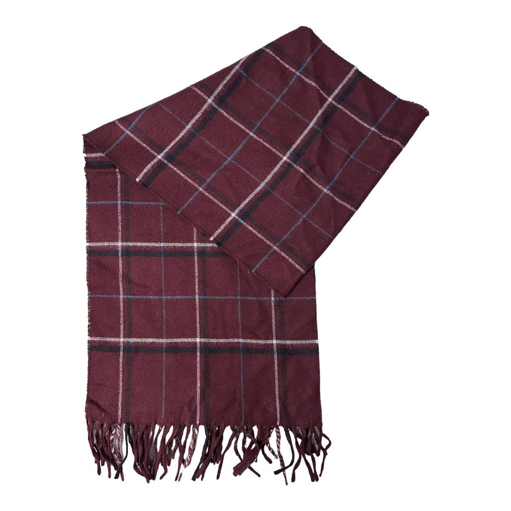 Boundary Waters Scarf Burgundy Wool Blend Plaid Fringe